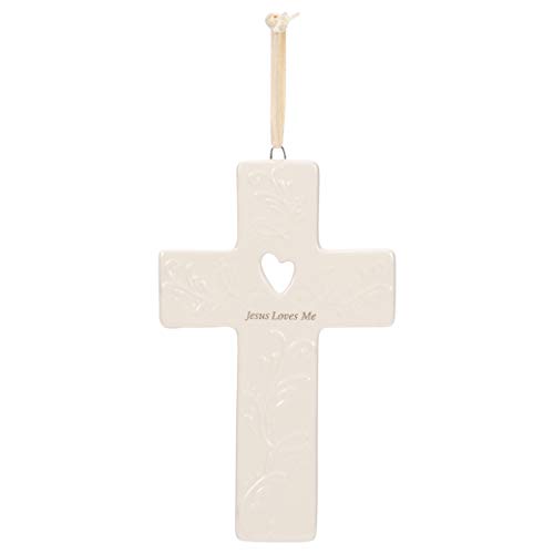 Jesus Loves Me Filigree Heart 7 x 4 Ceramic Stoneware Crib Cross