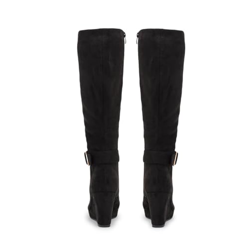 Zszszsu Women's Platform Wedge Heel Knee High Boot with Ankle Strap Classic Round Toe Wide Calf Boots Side Zipper Fall Winter Shoes Size 4-16 US4