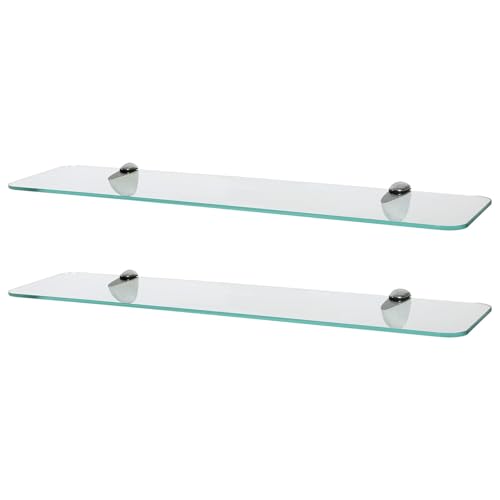 Harbour Housewares Rounded Floating Glass Bathroom Shelves - 60cm - Clear/Chrome - 2X Wall-Mounted Kitchen Bedroom Shower Room Décor Caddy Towel Storage Organiser Shelving Rack with Brackets