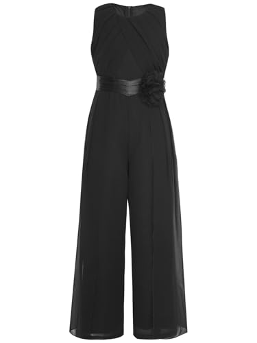 Moggemol Mädchen Jumpsuit Festlich Ärmellos Overall Sommer Blumenmädchenkleid Lang Weites Bein Hose Mit Taillengürtel Für Party Hochzeit Kommunion Schwarz 134-140