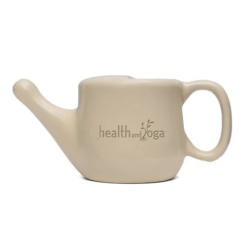 Image of HealthAndYoga FloJar Ceramic Jal Neti Pot (250 ml, Beige) + HealthAndYoga Jala Neti Salt Sachets (Pack of 10)- Saline Nasal Wash Yoga Detox -for Common Cold, Dust & Pollution-Spill-Proof Design
