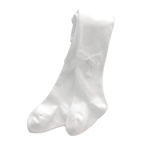 Winkinlin Collant côtelé de Noël pour enfant - Couleur unie - Extensible - Chaud - Taille mi-haute - Avec nœud - Blanc - 12-24 mois Cover