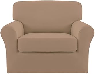 Easy-Going 2 Pieces Microfiber Stretch Chair Slipcover – Spandex Soft Fitted Sofa Couch Cover Washable Furniture Protector with Elastic Bottom Kids Pet Camel