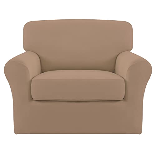 Easy-Going 2 Pieces Microfiber Stretch Chair Slipcover – Spandex Soft Fitted Sofa Couch Cover Washable Furniture Protector with Elastic Bottom Kids Pet Camel