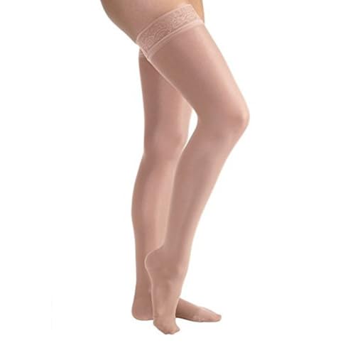 Image of JOBST UltraSheer Thigh-High Compression Stockings for Women - Closed Toe - Lace Band - Medical Compression 15-20 mmHg - For Varicose and Spider Veins - Helps Prevent Swelling - Anthracite, Medium