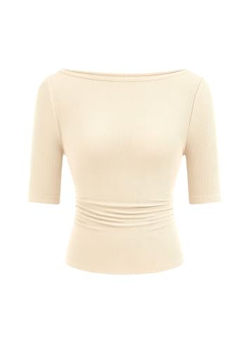 PRETTYGARDEN Womens Boat Neck Basic Short Sleeve Tops,Beige,M
