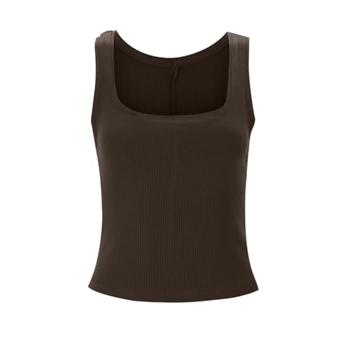 UN top adelgazante casual de moda con cuello redondo liso, café, L