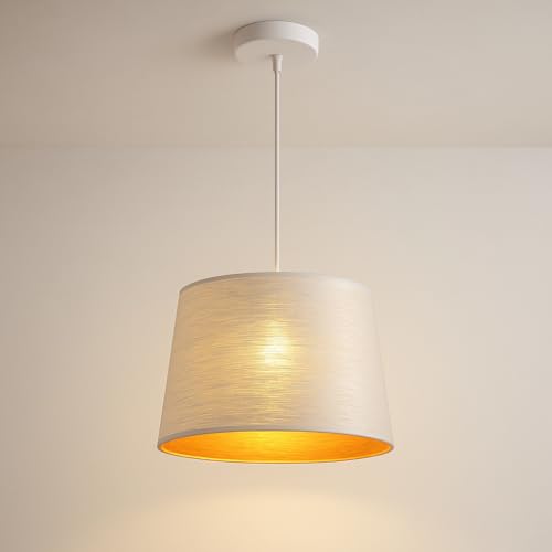 Lampadario a Sospensione con Paralume in Metallo Ø35cm | Attacco E27 max 60W | Altezza Regolabile 140cm | Interno Dorato per Luce Avvolgente | Design Moderno per Cucina, Camera, Ingresso (Bianco)