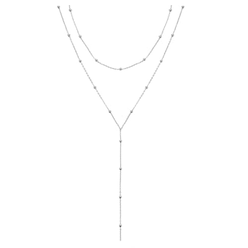 Drop Lariat Chain for Women, Dainty Layered Long Gold/Silver Necklaces Trendy Tassel Beaded Y Shaped Necklace Teardrop Jewelry Gifts for Ladies Mother Wife