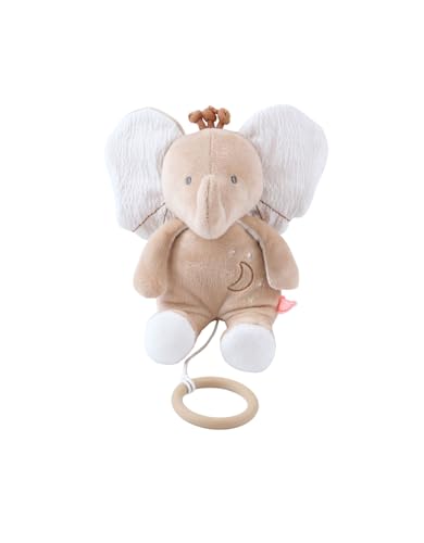 NOUKIE'S - Mini Peluche Musicale Bali - Doudou en Coton Bio + Anneau en Bois - Éveil Musical - Cadeau Bébé