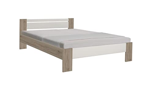 Pinta - Fusto letto matrimoniale in legno laminato nel colore quercia sanremo e bianco, materasso e doghe NON compresi. Dimensioni LAP 185x71x204 cm