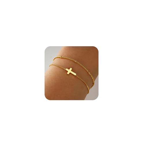 Cross Bracelet for Women，Dainty 14k Gold Plated Pearl Bridesmaid Bracelets for Women Small Wrist, Trendy Stack Thin Chain Sunflower Bracelet Gold Jewelry for Womens Baptism Gift