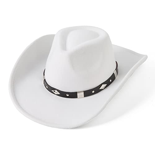 JOYEBUY Classic Wide Brim Women Men Western Style Cowboy Cowgirl Hats with Buckle Belt (Medium-Large, White)