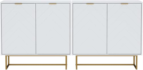 UEV Lot de 2 Buffet Bas, Armoire de Rangement, avec 4 Portes et Étagère Réglable à 3 Positions, Manche et Pieds en Métal Couleur Doré, Scandinave, pour...