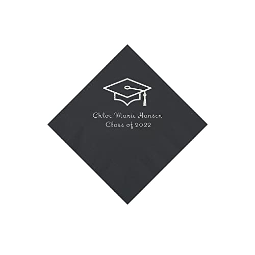 Black Grad Mortarboard Personalized Napkins with Silver Foil - 50 Pc. Beverage