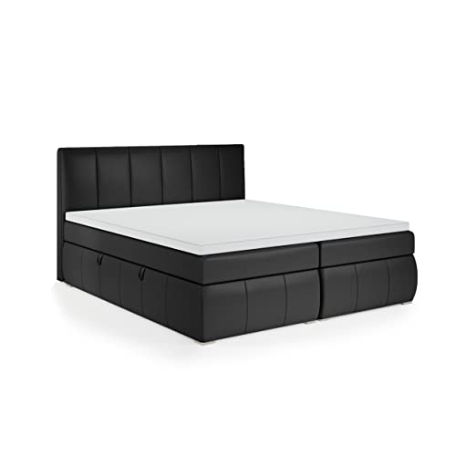 FEDVE Boxspringbett 180x200 Schwarz Öko-Leder – Leo – Dauerhaft Bett mit Bettkasten – Praktisches Doppelbett mit Stauraum für Viele Jahr - Kopfteil Bett mit Matratze zum Schlafzimmer