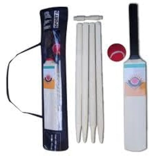 Junior Wooden Cricket Bat Set - Sizes 5 & 6 - Includes 4 Wooden Stumps, Red Tennis Ball, Willow Bat, and Carrying Bag – Ideal for Kids and Teenagers – Indoor & Outdoor Fun