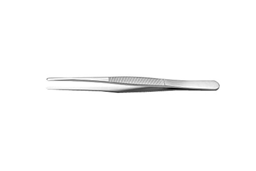 Ideal-Tek 125A.SA.1 Flat tip Tweezers, made of Anti-Magnetic Anti-Acid Stainless Steel, line serrated handles, tip characteristic: smooth, no scratch. OAL: 120 mm