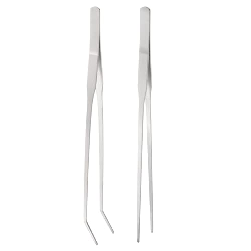 QUARKZMAN 2pcs Longues Pincettes 10.6 Pouces Pincettes De Cuisine En Acier Inox Avec Bout Courbe Droit Dentelé Pincettes Multifonctions Pour Cuisine Jardinage Réparation Artisanat, Argent