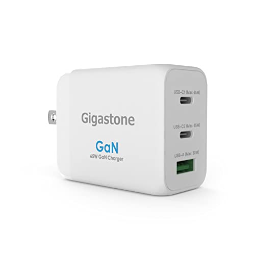 Amazon Crazy 🔥 Deals [GaN Wall Charger] Gigastone PD 65W GaN Charger 3-Port, 1 USB-A + 2 USB-C, 65W USB C Charger, Fast Charge 65W Charger, Compact Foldable for iPhone, iPad Pro, Android, MacBook Pro, Nintendo Switch