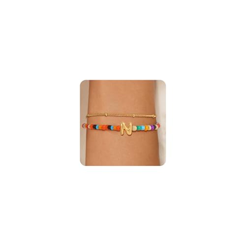 Image of Eaciy Colorful Initial Bracelets for Women Girls - 14K Gold Plated Initial Letter Daint A-Z Charm Bracelet Summer Jewelry Teen Girl Gifts for Teen Kids