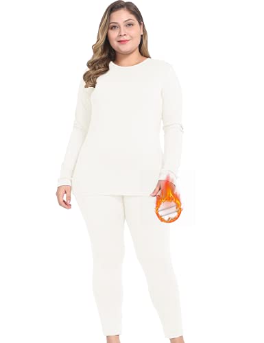 Nuonita Thermal Underwear For Women Plus Size Long Johns Set Fleece Lined Base Layer Top & Bottom Xl White #TOP10