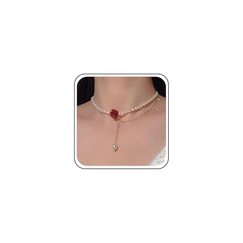 Cimenexe Collier Lariat En Perles Roses Collier Ras Du Cou En Émail Rouge Collier Ras Du Cou En Perles Cristal Doré Collier Pampille Bijoux Pour Femmes Cadeaux