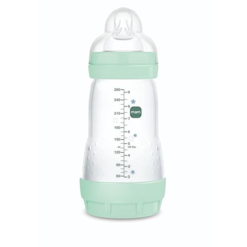 MAM Biberón Anticólicos, 2+ Meses, 260ml, con Tetina 2 Flujo Medio de Silicona de Fácil Aceptación, Autoesterilizable y Fácil de Limpiar, MAM Easy Start Anti Colic, Verde, Pack de 1ud