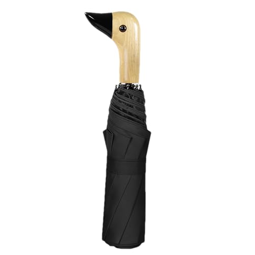 Paraguas de pato para adultos, bonito paraguas con mango de madera, protección UV, resistente al viento, 3 paraguas de viaje plegables portátiles con 8 varillas para niños y adultos, Negro, Refer to