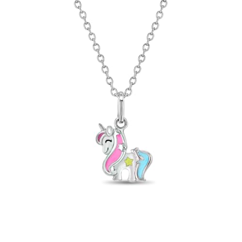 925 Sterling Silver Magical Multicolor Enamel Unicorn Star Pendant Necklace for Little Girls 16
