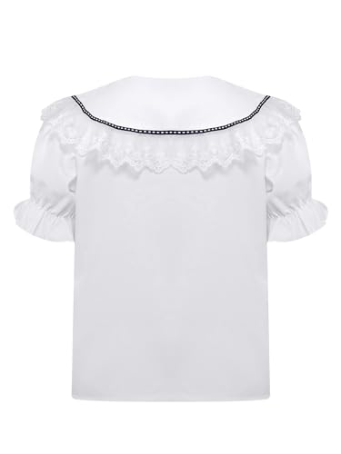 Aislor Kids Girls Lace Trim Collar School Uniform Shirts Short Puff Sleeve Button Down Shirts Top Dress Shirt Blouse2