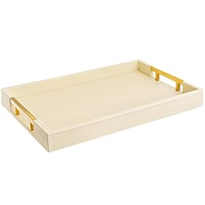Modern Elegant 18”x12” Rectangle Cream Rectangle Shagreen Faux Leather Decorative Tray Ottoman Tray Coffee Table Perfume Living Room Kitchen Serving Tray with Gold Polished Metal Handles.