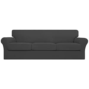 Easy-Going Couch Cover, Stretch Sofa Cover with 3 Cushion Covers, Washable Spandex Jacquard Fabric, Elastic Furniture Protector for Pets, Kid (Large, Dark Gray)