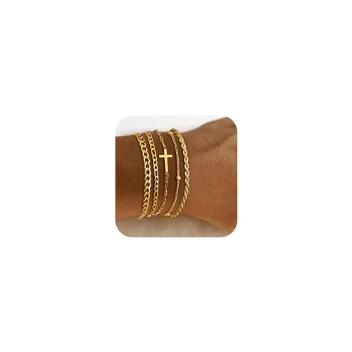 Cross Bracelets Gold Jewelry Gifts , 14k Gold Plated Layered Bracelet Snake Cuban Chain,Stackable Christian Bracelet Pack Womens Trendy Jewelry,Easter Christmas Christian Gift for Her Mom Girlfriend