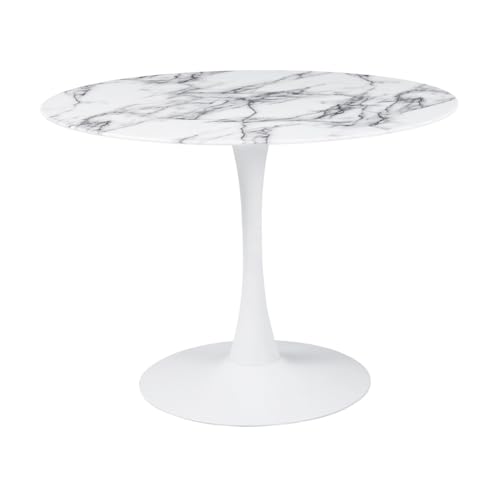 Mesa de comedor redonda para 4 a 5 personas, diámetro de 100 cm, bandeja de cristal templado con aspecto de mármol blanco, base redonda de metal blanco - Tulips - imagen 3