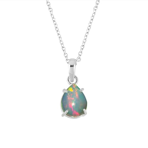 DEVMUKTI Natural Ethiopian Opal Gemstone Pendant Necklace, 925 Sterling Silver, AAA Grade Stones, Handmade Jewelry, Adjustable Chain, October Birthstone. Gift for Women, Size-20inch