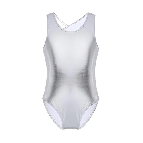 LYXYGMV Mallas de Ballet metálicas Brillantes for niñas, Mono de Gimnasia, Ropa de Baile, Leotardo de Baile sin Mangas for niños, Disfraces Diseñados para Danza, Ballet Y Gimnasia(Silver,XXL)