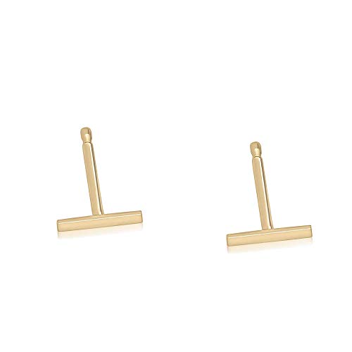 Hoberta Real 14K Solid Gold Tiny Line Bar Stud Earrings for Women & Girls - Hypoallergenic for Sensitive Ears, Small & Minimalist Jewelry for Valentine Gifts
