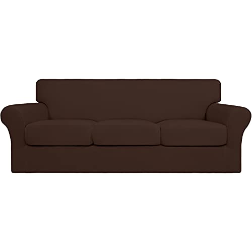 Image of Easy-Going 4 Pieces Stretch Sofa Cover for 3 Cushion Couch Washable | Sofa Slipcover for Stretch 3 Separate Sectional Cushion Couch - Elastic Furniture Protector for Pets, Kids Coffee