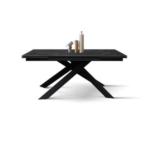 PAZZO DESIGN Table extensible Eugenio, plateau en céramique Calacatta noir Lux, pieds en métal croisés noirs, table de cuisine, table en céramique, 160 x...