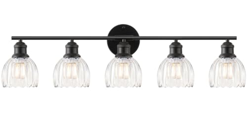 Image of Bathroom Light Fixtures, 5-Light Brushed Black Vanity Lights for Bathroom with Clear Tulip Glass Shade, 30 inch Vintage Bathroom Vanity Lighting Fixtures Over Mirror for Bedroom Living Room Hallway