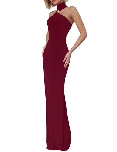 Women’s Party Maxi Dress Metal Knots Off Shoulder Turtleneck Sleeveless Night Club Evening Bodycon Dress3