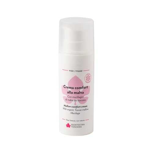 Biofficina Toscana Crema comfort alla malva, 50 ml – Crema idratante viso con acido ialuronico per pelli arrossate e secche – Formula leggera e protettiva con mucillaggine di malva bio toscana