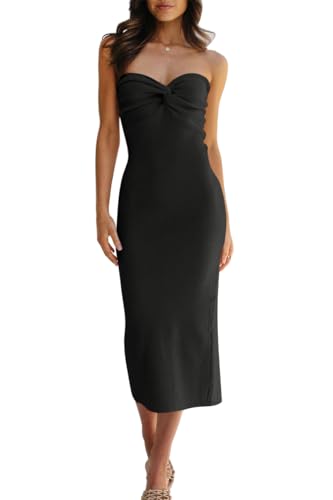 LILLUSORY Women 2025 Summer Spring Corset Bodycon Midi Vacation Sun Dresses Sexy Baby Bridal Shower Wedding Long Maxi Beach Graguation Birthday Party Cocktail Cute Clothes Trendy Outfits Black L