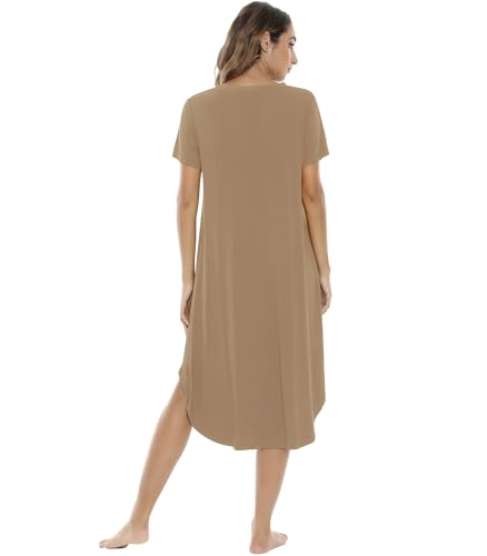 Image of NACHILA Nightgowns for Women-Viscose Made from Bamboo, V Neck Sleepshirts Short Sleeve Sleepwear Cool Nightshirt