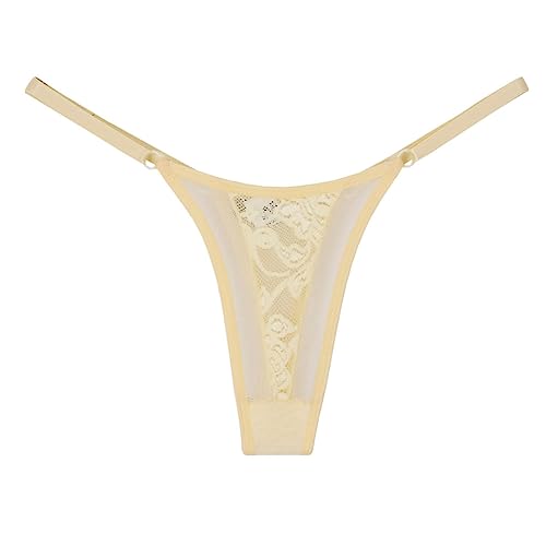 Calcinha tanga com regulagem em tule e renda (Único, Amarelo)