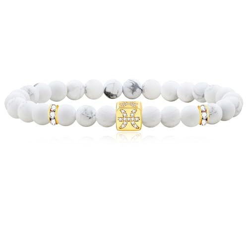 Image of Inlaid Zircon 12 Constellation Adjustable Stretch Bracelet - 6mm Frosted White Turquoise Beaded Bracelets for Women Men SJYA4647