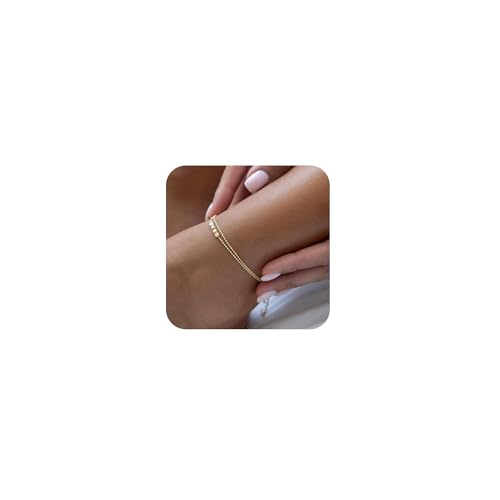 Gold Ankle Bracelets for Women,14K Gold Plated Layered Sparkling Heart-shaped Waterproof Anklets, Lightweight Cuban Links Figaro Chains Summer Beach Everday Jewelry Gifts for Woman