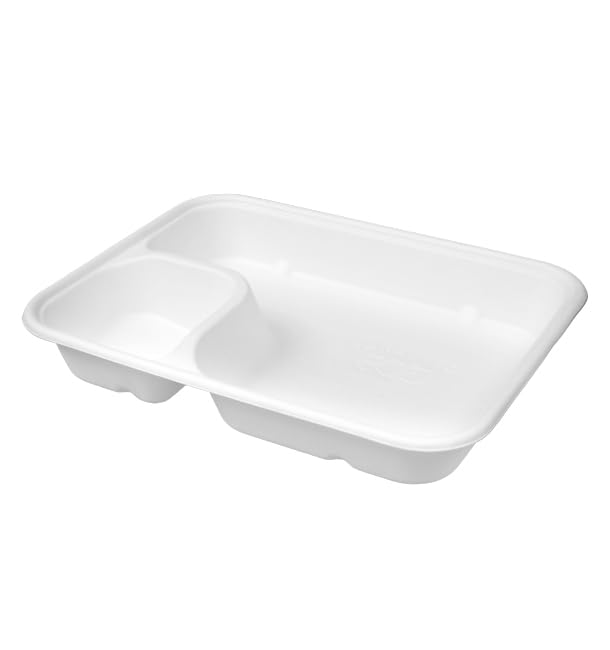 Monouso | 50 Bandejas para Nachos de Caña de Azúcar, 16,5x21x5x3,5cm, Color Blanco, 2 Compartimentos, Bols Desechables, Reuniones, Eventos, Catering, Vajilla ecológica