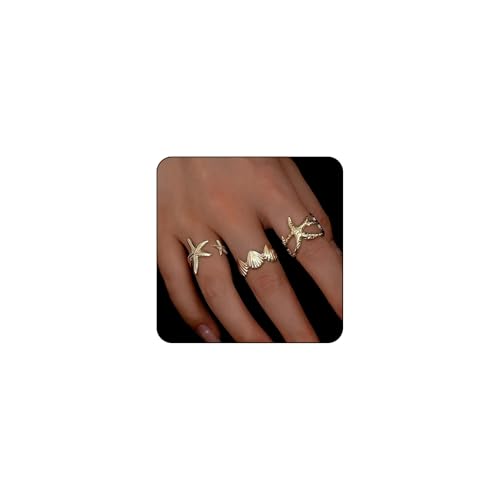 FloralGrace 3-delad karat guld skalringar, ringset guld, sjöstjärna, delikat skal våg finger stapelbara uttalande ringar, sommarsmycken för kvinnor och flickor